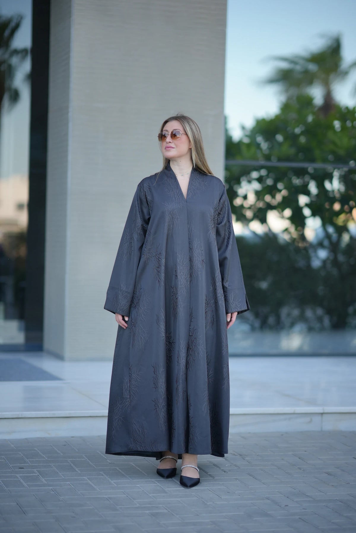 The Charcoal Coral Jacquard Abaya