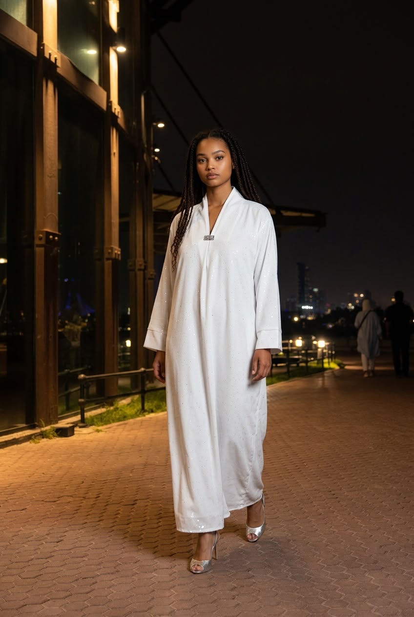 Ivory Sequin V-Neck Maxi Abaya